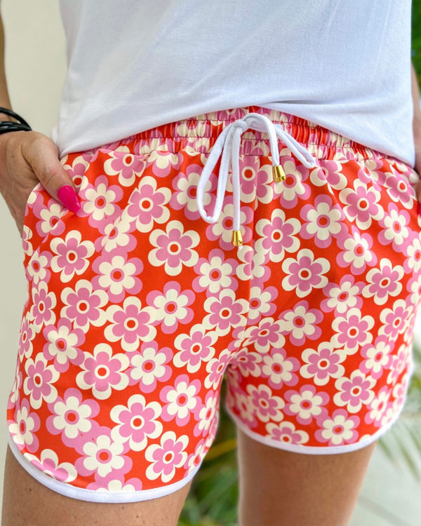 Daisy Retro Everyday Red & Pink Jogging Drawstring Pocket Shorts