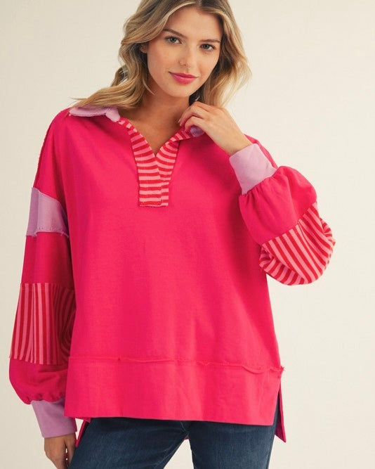 Contrasting Stripe Cut Raw Edge Hemline Long Sleeve Open Neck Pullover French Terry Collared Sweatshirt Top