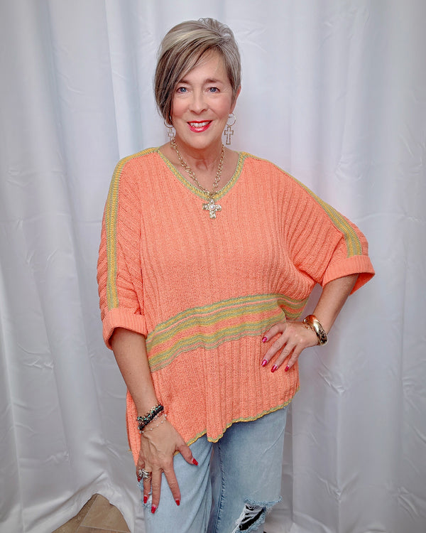 Blue or Orange 3/4 Sleeve VNeck Ribbed Sweater Knit Top