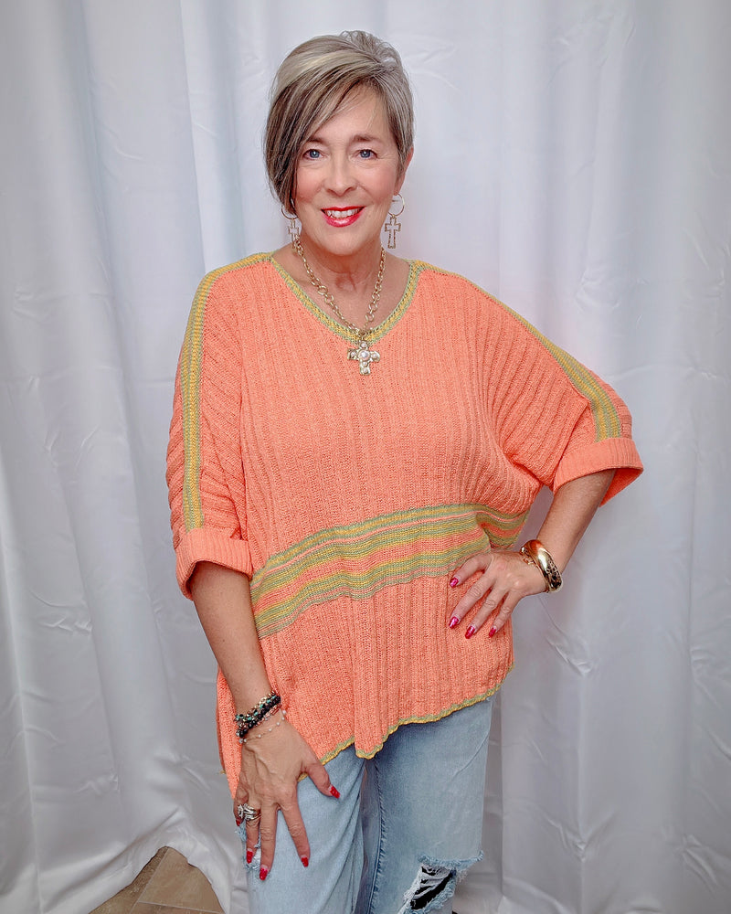 Blue or Orange 3/4 Sleeve VNeck Ribbed Sweater Knit Top