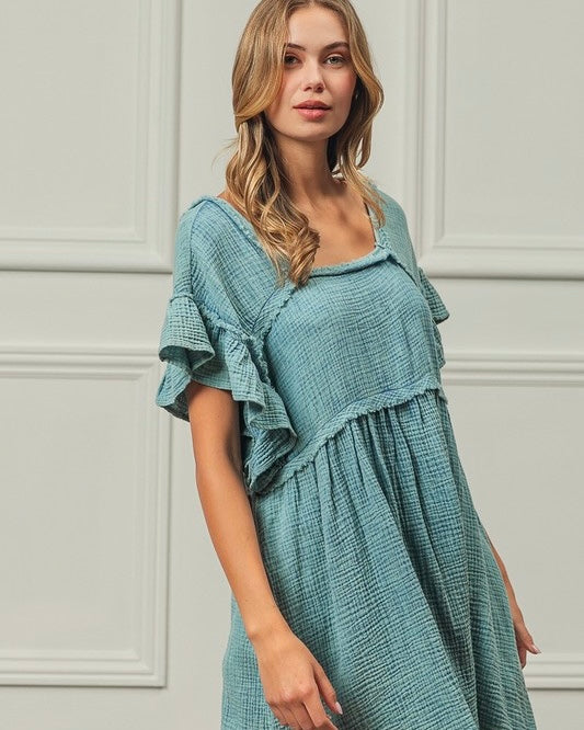 Green, Black or Pink Mineral Washed Square Neck Ruffle Short Sleeve Dress