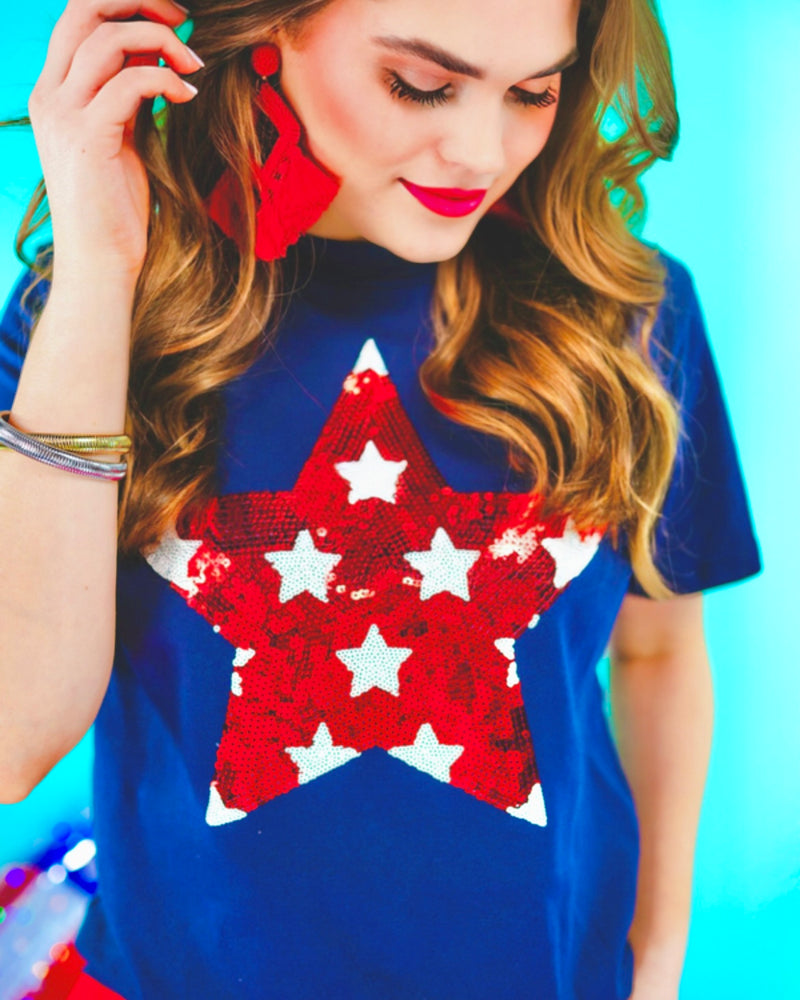 RWB Blue T-shirt with Sparkle Patriotic Sequin Red and White Star Top