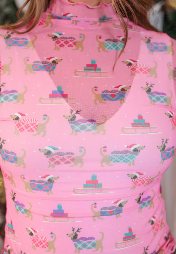 Christmas Pink Holiday Pawliday Keigan Mesh Long Sleeve Top
