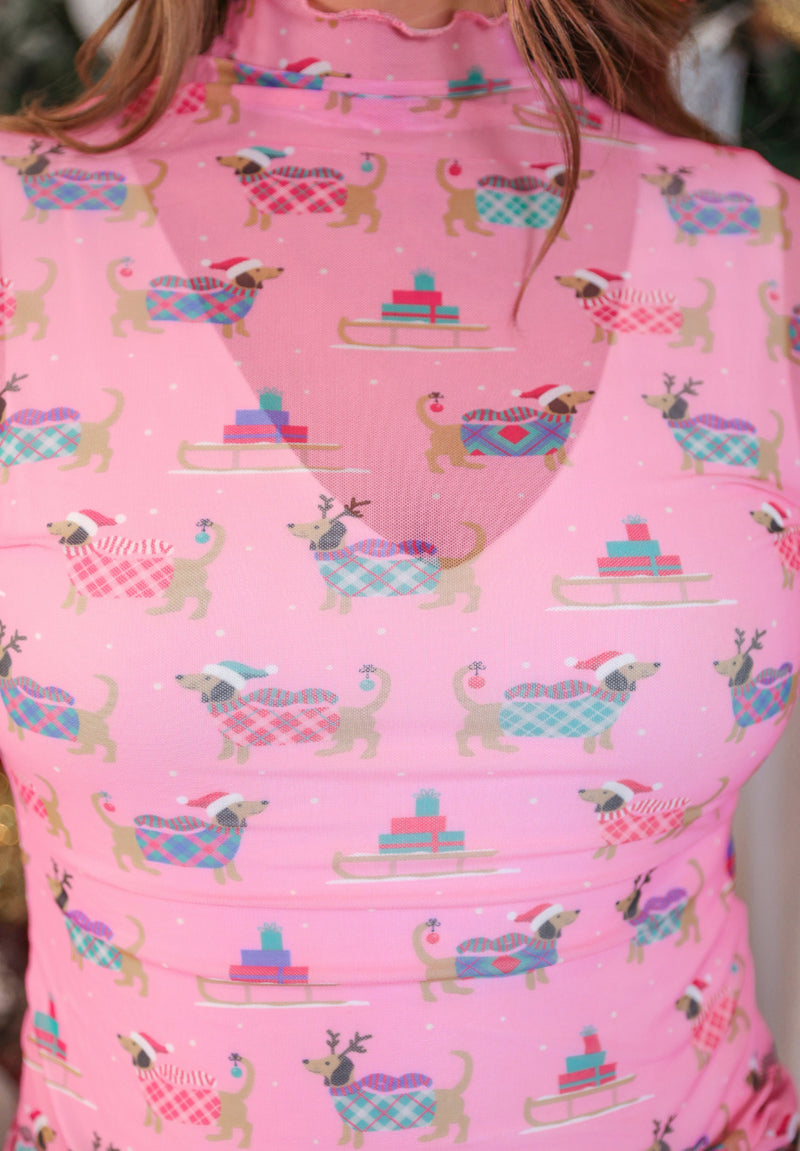 Christmas Pink Holiday Pawliday Keigan Mesh Long Sleeve Top