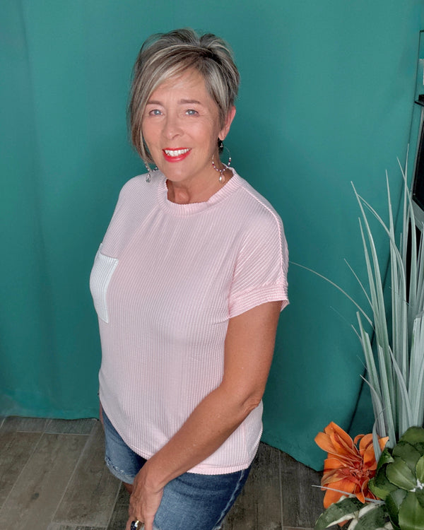 Pink Ribbed Short Sleeve Contrasting Chest Pocket Top