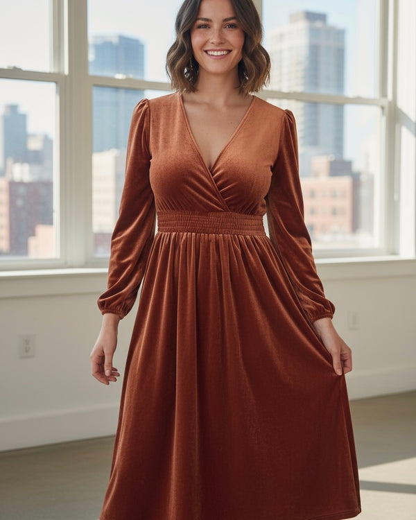 Spice Rust Velvet Elastic Waist Long Sleeve Midi Snap VNeck Dress