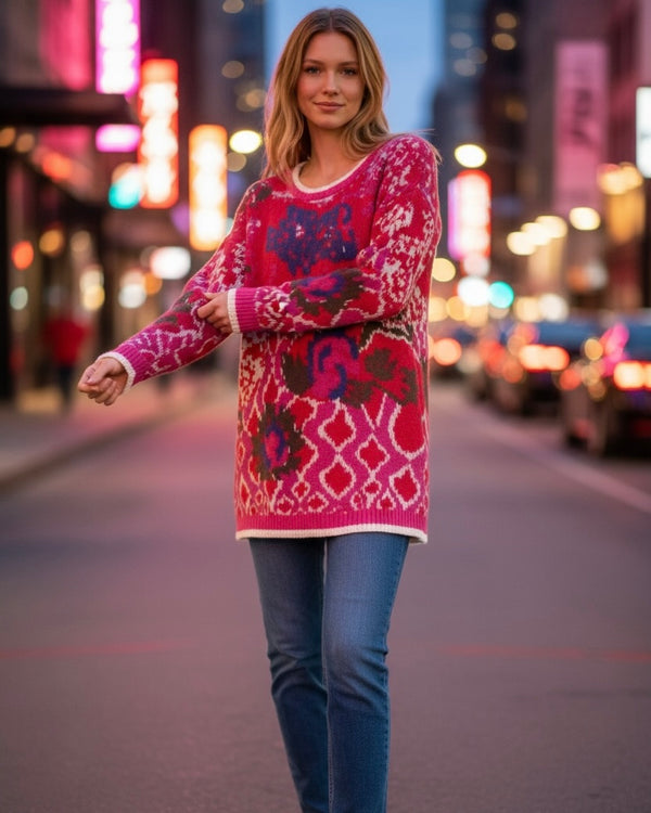 Pink & Red Multicolor Floral Pattern Sweater Tunic Top