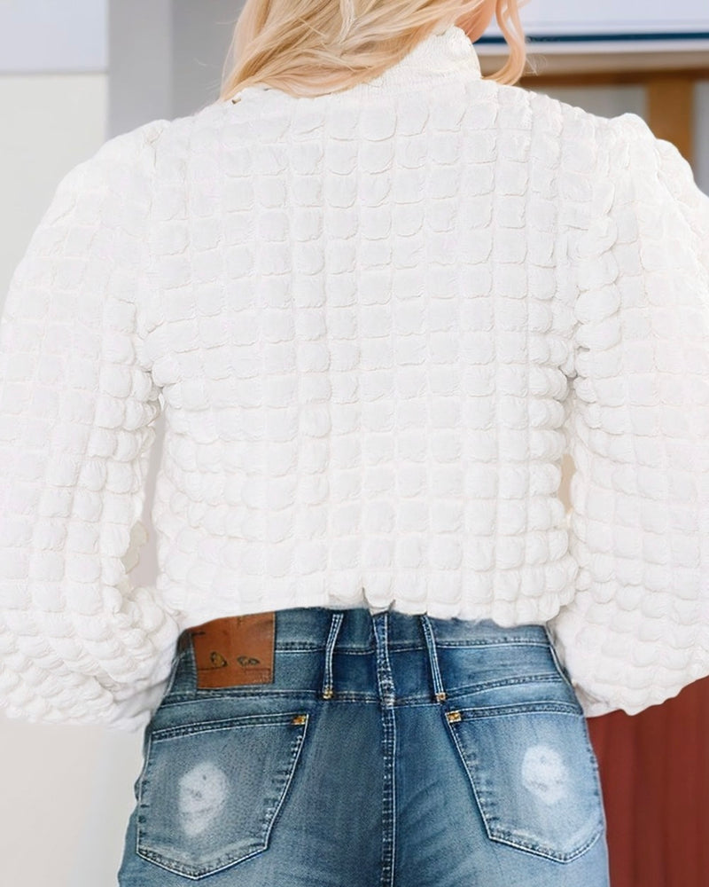 Oversized White Puff Bubble Textured Lightweight Hi Neck Long Sleeve Pullover