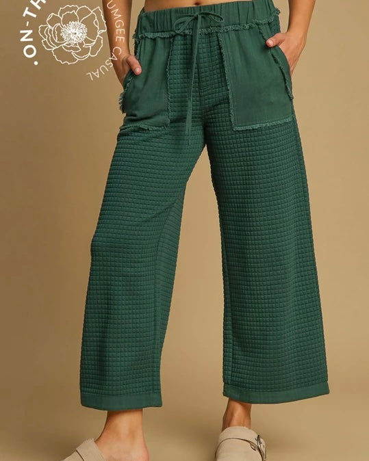 Hunter Green Quilted Wide Leg Lounge Drawstring Pants