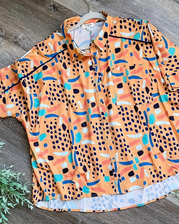 Orange Gold Button Down Collared Blouse w/Black, White & Turquoise Abstract Print