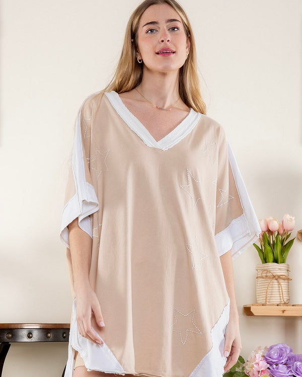 Neutral Khaki & Cream Star Stitch Block Short Sleeve Tunic Dress
