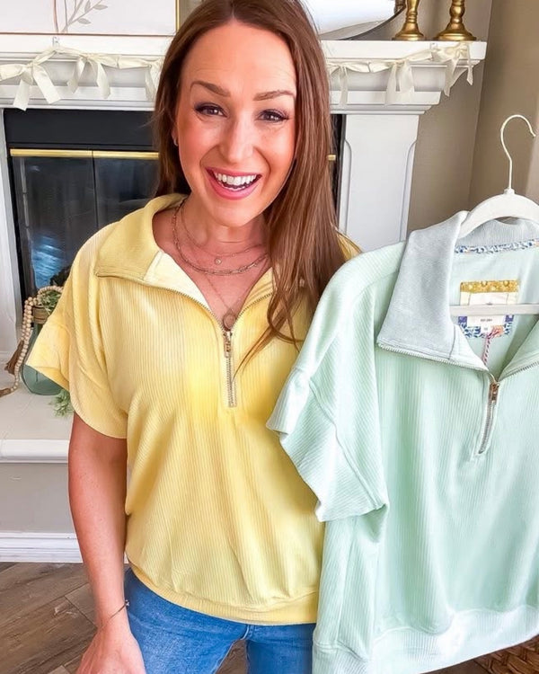 Super Soft Mint Green Zip Neck Short Sleeve Pullover Velour Velvet Top