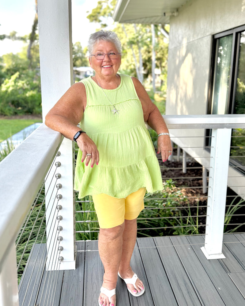 White, Pink or Lime Green Oversized Sleeveless Tiered Babydoll Cotton Gauze Top