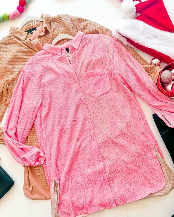 Pink Allover Sequin Long Sleeve Button Up Shirt Dress