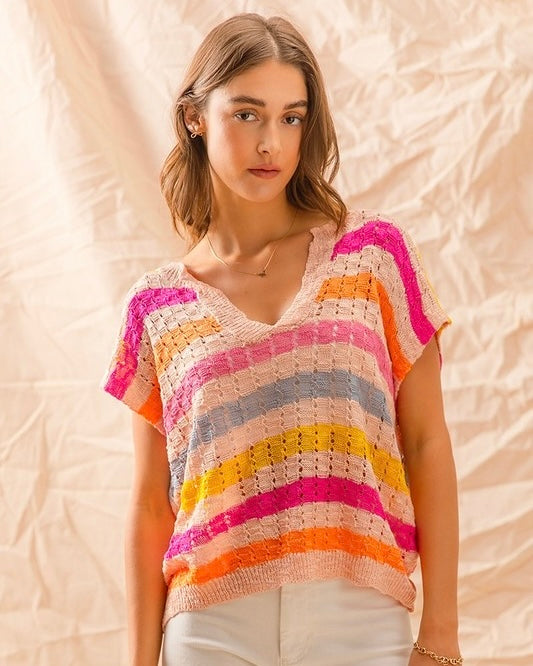 Multi Color Bold Stripe Dolman Short Sleeve Lightweight Knit Sweater Top