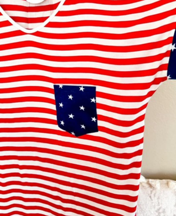 Plus Size RWB Short Sleeve Top Red Stripes USA Star Pocket