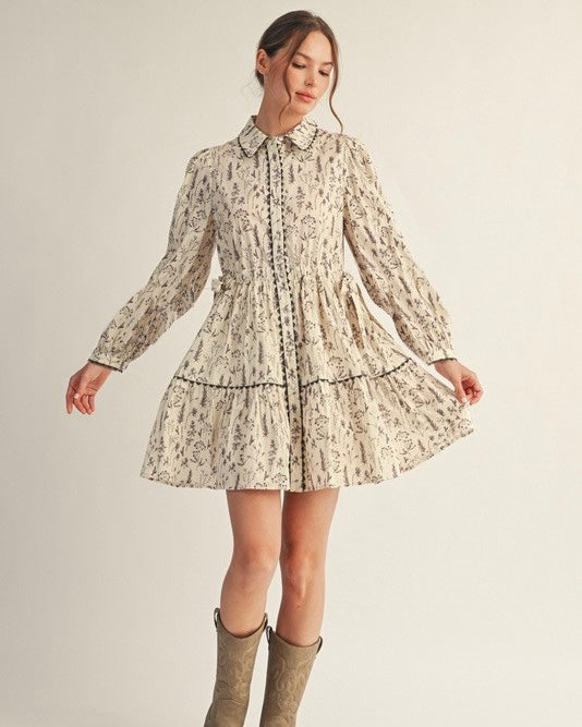 Cream & Brown Garden Print Waist Tie Button Down Floral Long Sleeve Mini Dress