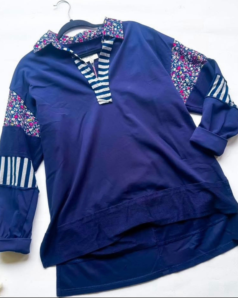 Navy Blue Mix Media Cut Raw Edge Hi Lo Hemline Long Sleeve Open Neck Pullover French Terry Collared Top