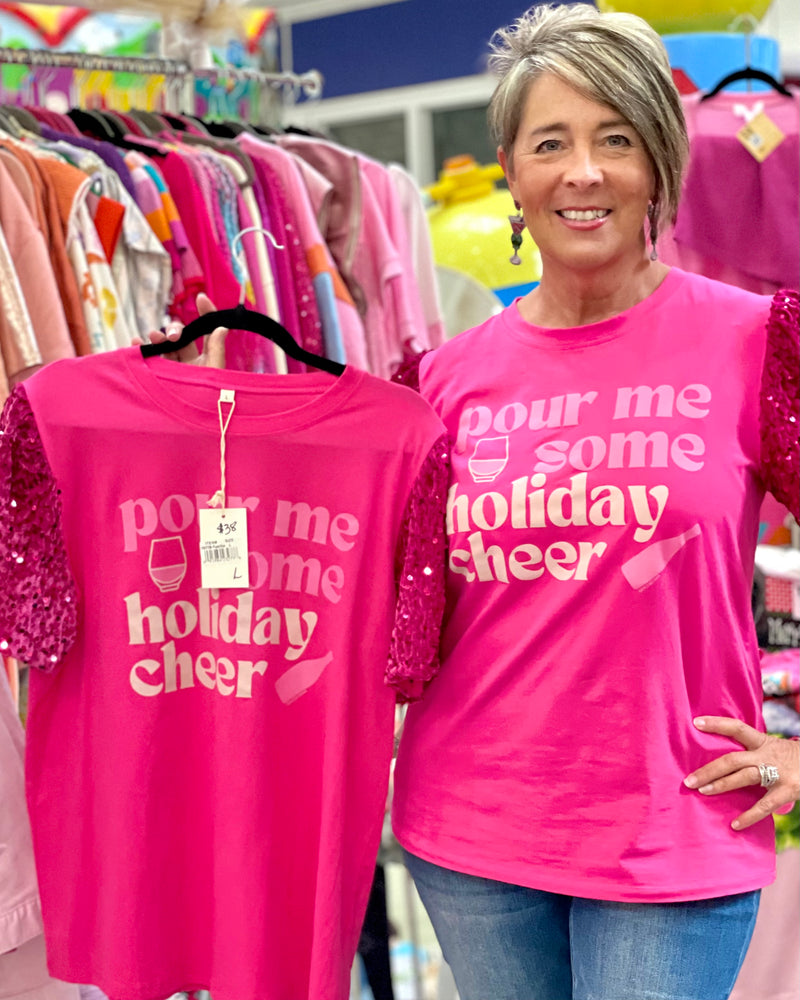 Pink “Pour Me Some Holiday Cheer” Sequin Christmas Short Sleeve Tshirt