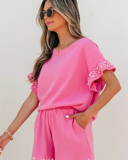 Solid Pink Pearl Embellished 2 Pc Short & Top Set