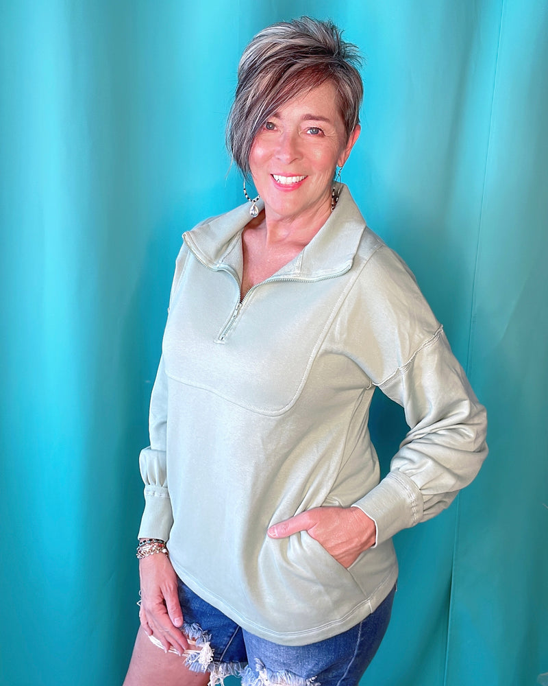 Sage Green Zip Front Long Sleeve Pocket Pullover Sweatshirt