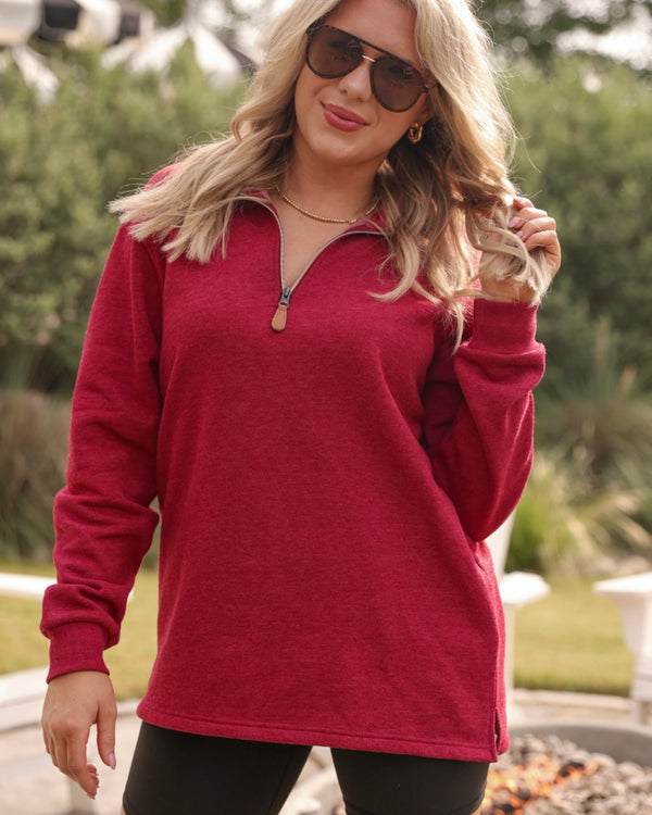 Red, Purple or Burgandy Solid Miley Quarter Zip Long Sleeve Pullover Basic Top