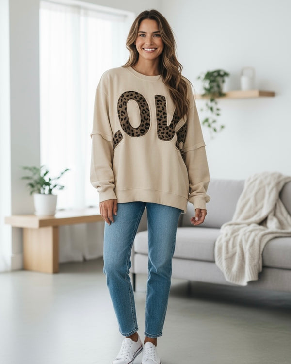 Cream Textured Leopard "Love" Long Dolman Sleeve Sweatshirt Top