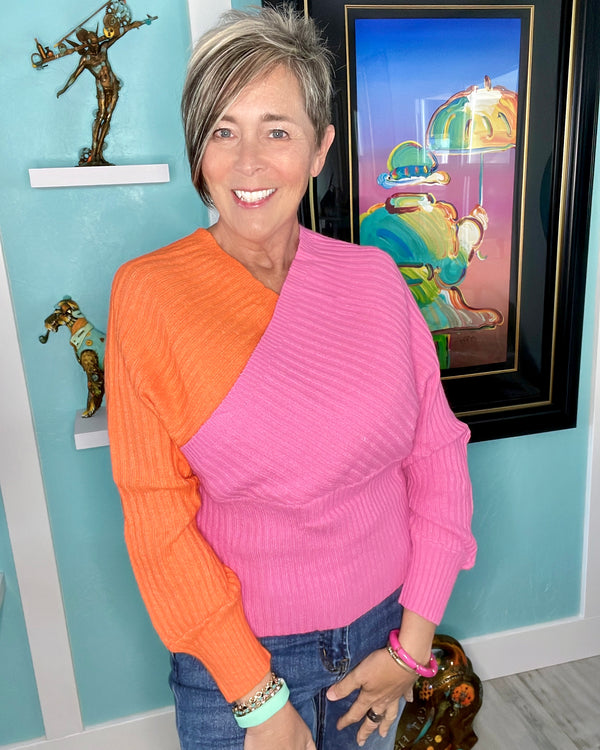 Pink & Orange Crossover VNeck Long Sleeve Ribbed Sweater