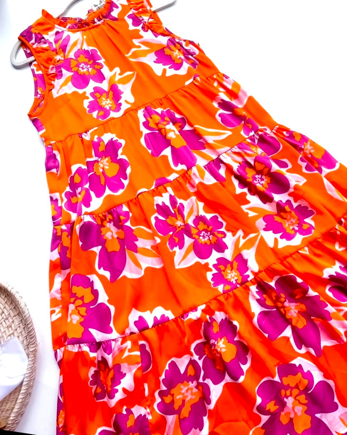 Orange & Purple Flower Print Cap Sleeve Ruffle Neck Midi Dress