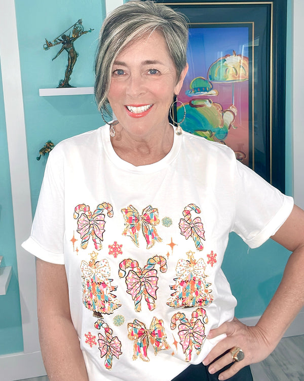 White Short Sleeve Christmas Holiday T-Shirt with Multicolor Bows & Trees