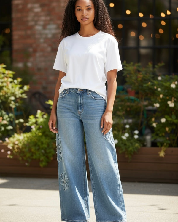 Plus Size Light Wash Flower Embossed Wide Leg Denim Jeans