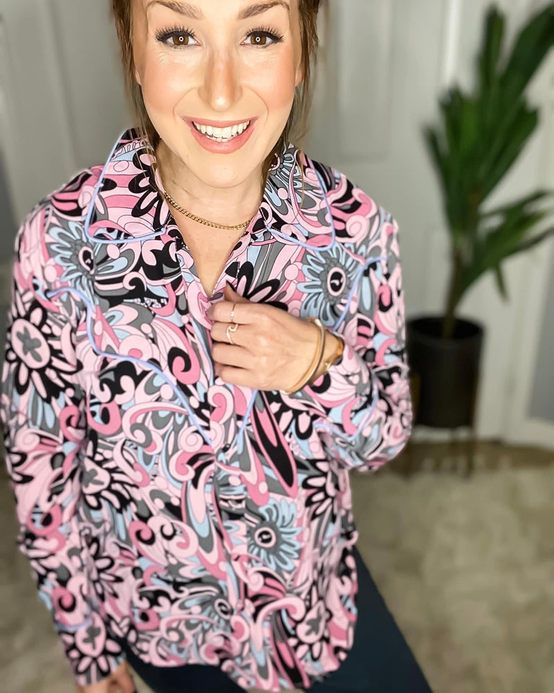Pink, Black & White Long Sleeve Abstract Swirl Flower Button Down Top