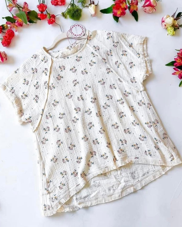 Off White Cream Floral Short Fray Sleeve Gauze Top