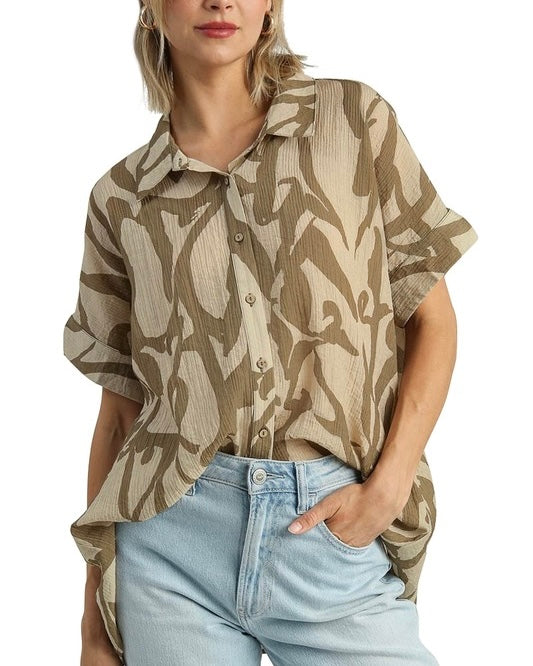 Two Tone Abstract Button Down Short Sleeve Top