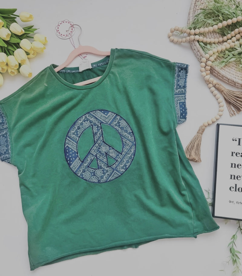 Green Mineral Wash Peace Paisley Patch Short Sleeve Top
