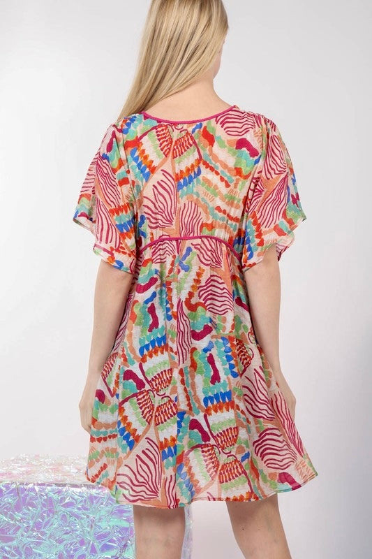 Multicolor Printed Coverup Short Sleeve VNeck Mini Dress