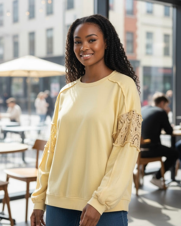 Butter Cream Round Neck Outside Stitch Long Sleeve Lace Inset Sweatshirt