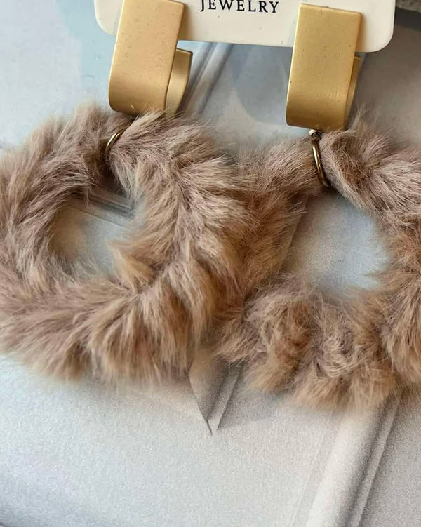 Brown or White Faux Fur Drop Dangle Gold Tone Post Earrings