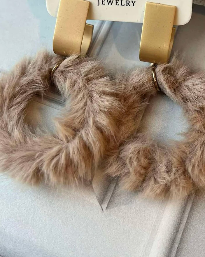Brown or White Faux Fur Drop Dangle Gold Tone Post Earrings