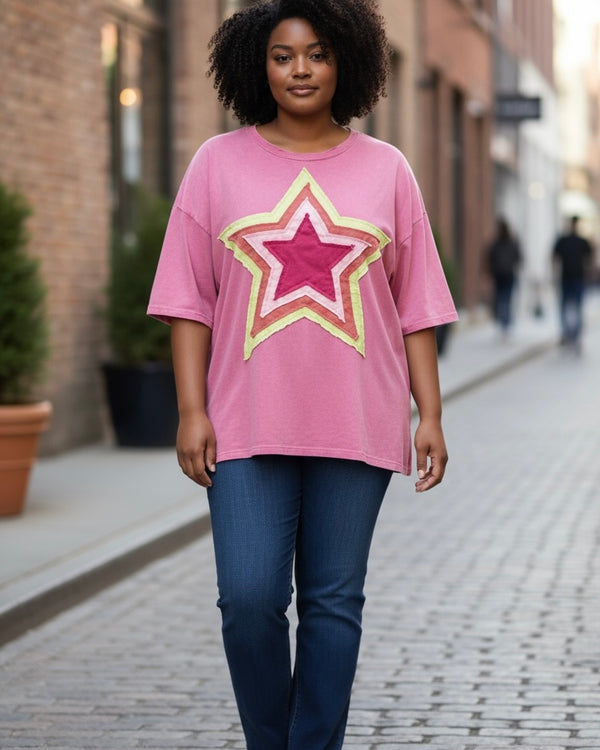 Plus Size Pink 3-D Patch Star 3/4 Sleeve Top