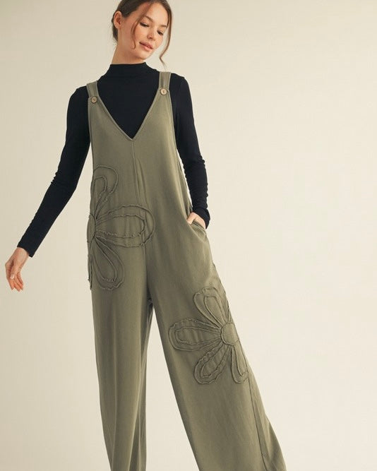 Solid Color Raw Edge Floral Patch Wide Leg Sleeveless Overalls