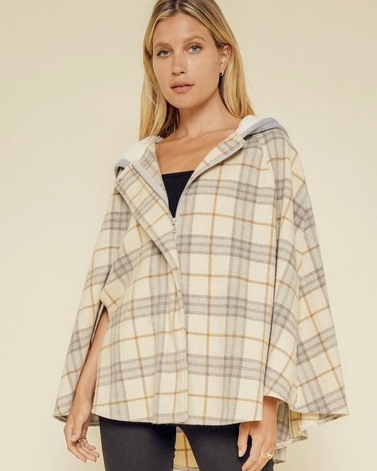 Cream Plaid Soft Hoodie Flannel Zipper Front Poncho