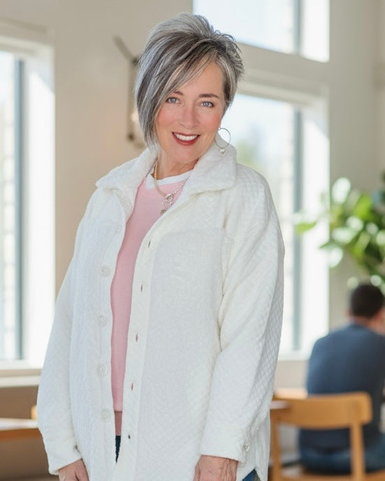 Cream Off White Quilted Sherpa Patchwork Button Up Shacket