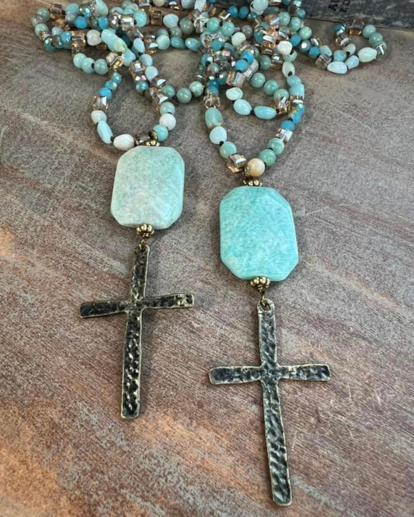 Pink or Turquoise Blue Beaded Necklace with Pink Stone and Cross Pendant