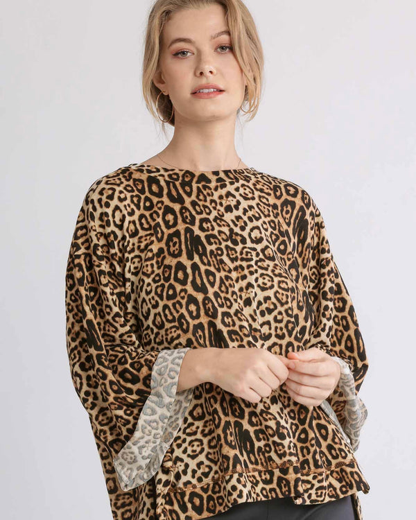 Plus Size 3/4 Sleeve Black & Brown Cheetah/Leopard Animal Print Top
