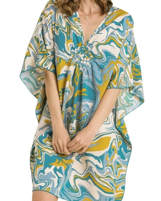 Turquoise Mix or Red Mix Marble Swirl Print Bat Wing Kimono Dress