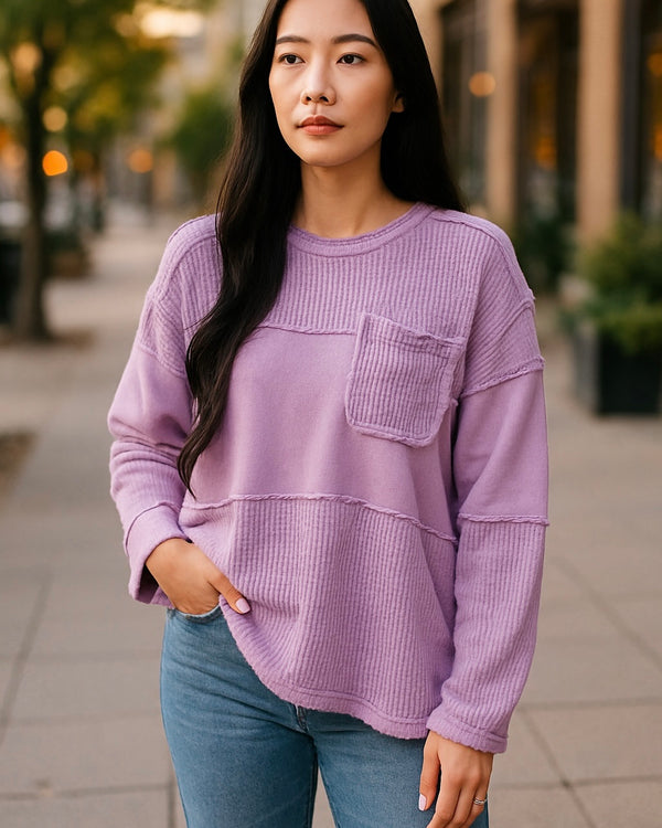 Lilac Purple Waffle Knit Patchwork Long Sleeve Top