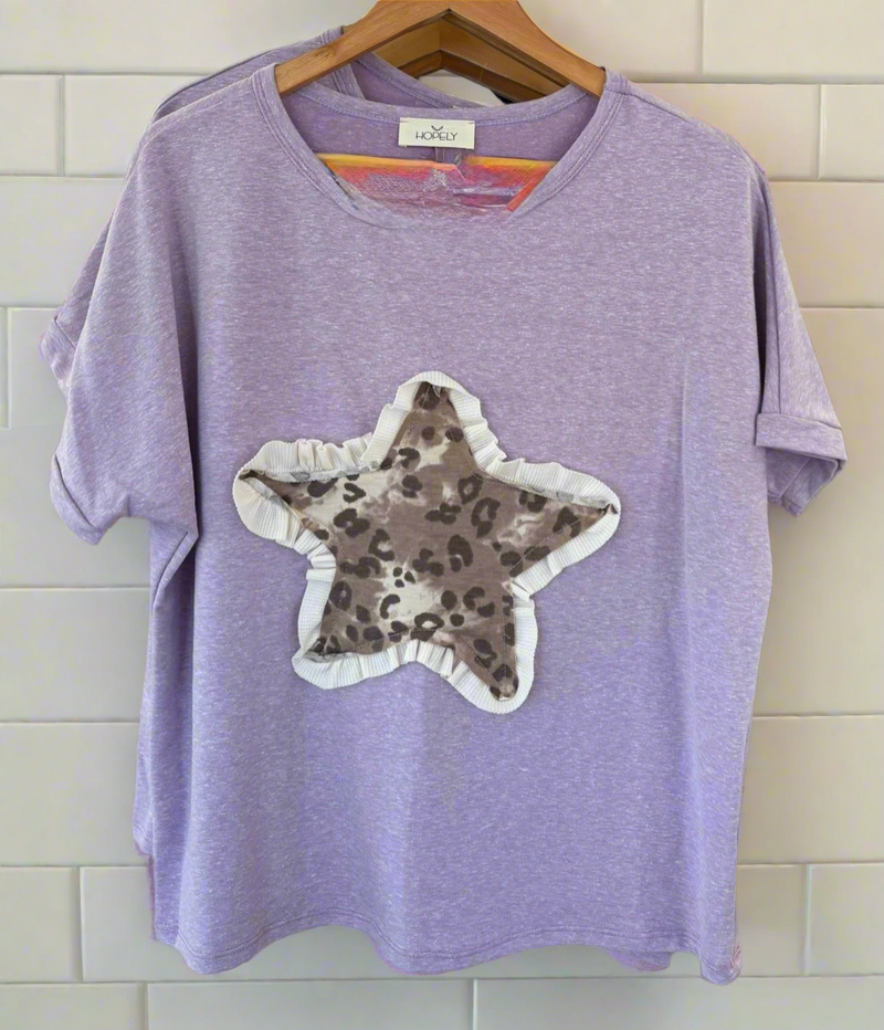 Purple or Brown Tan Leopard Star Patch Crew Neck Short Sleeve Tshirt Top