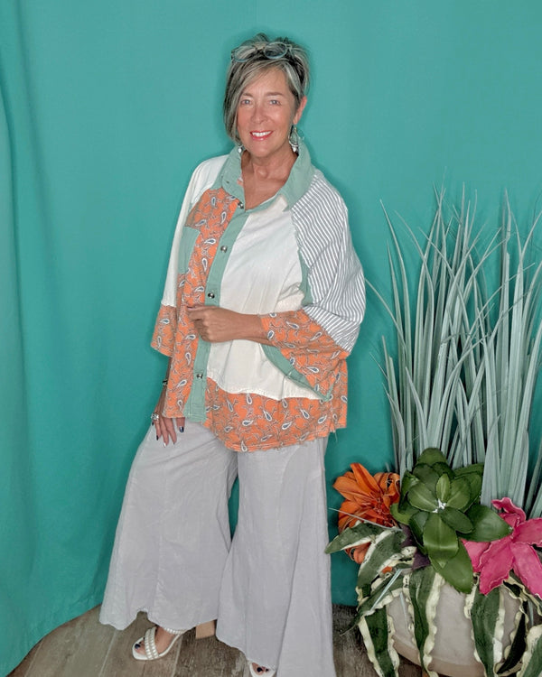 Khaki Gray Wide Flare Leg Elastic Waist Crinkle Pants