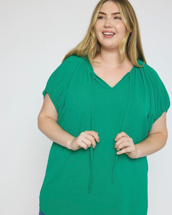 Plus Size Kelly Green Bubble Sleeve Self Tie Front Top